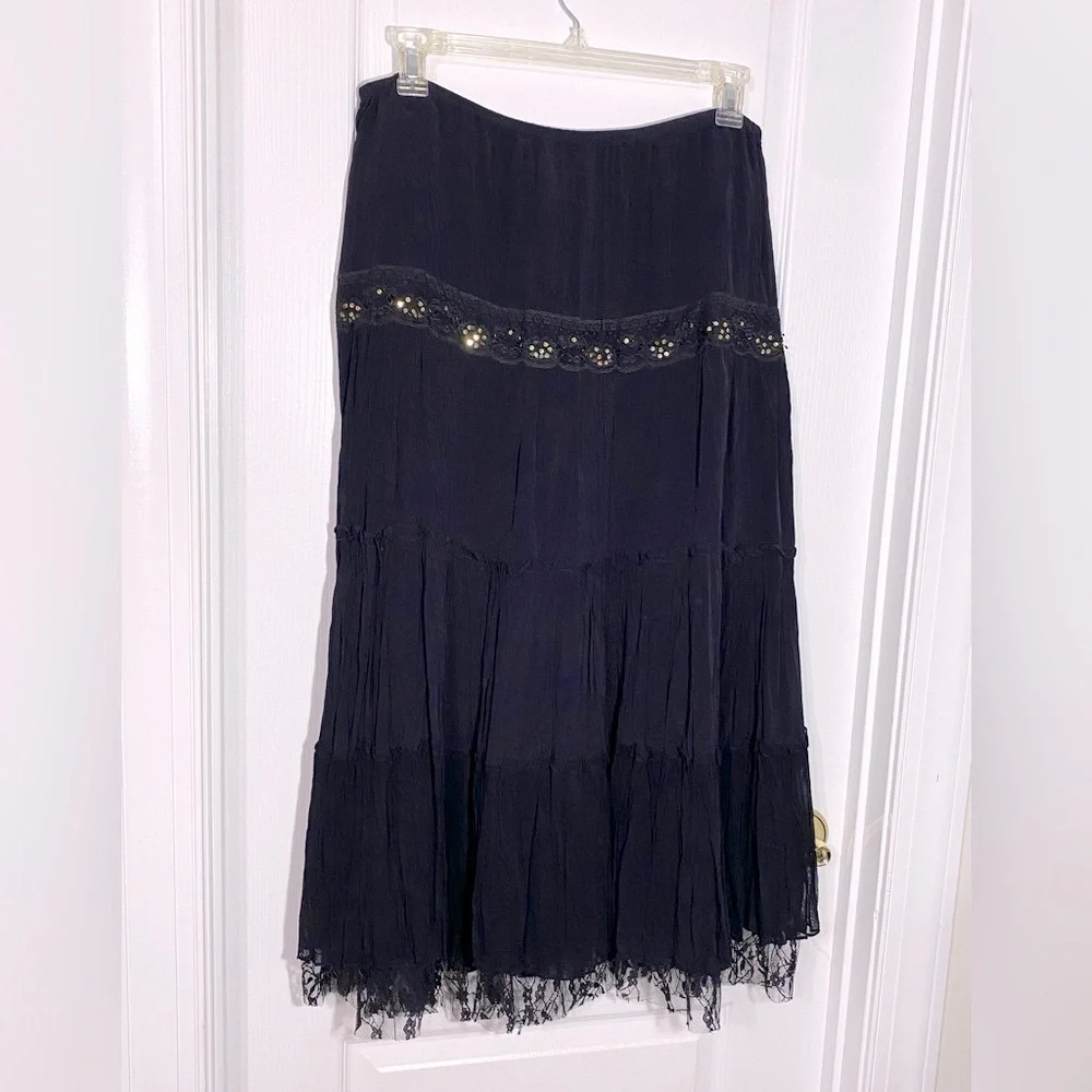 Paradise NY Lace Trim Gold Sequin Tiered Maxi Skirt Black Large